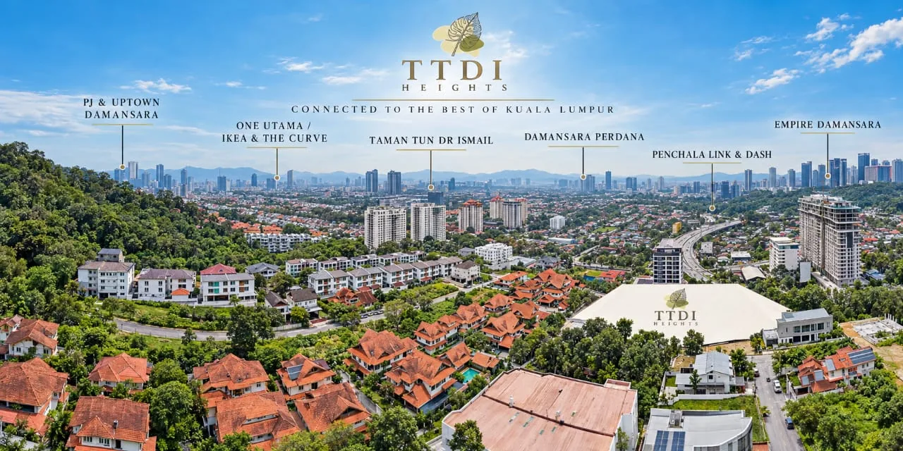 Aerial view of TTDI Heights beside Bukit Kiara, with connections marked to Taman Tun Dr Ismail, Damansara Perdana, Penchala Link and Empire Damansara