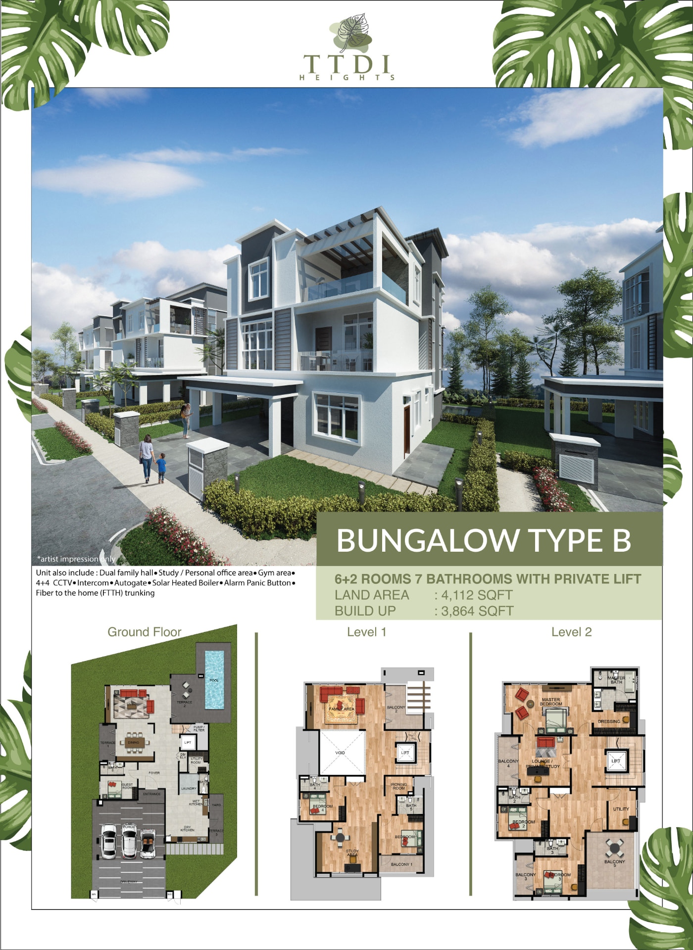 TTDI Heights available Bungalow Type B exterior and three-storey floor plans