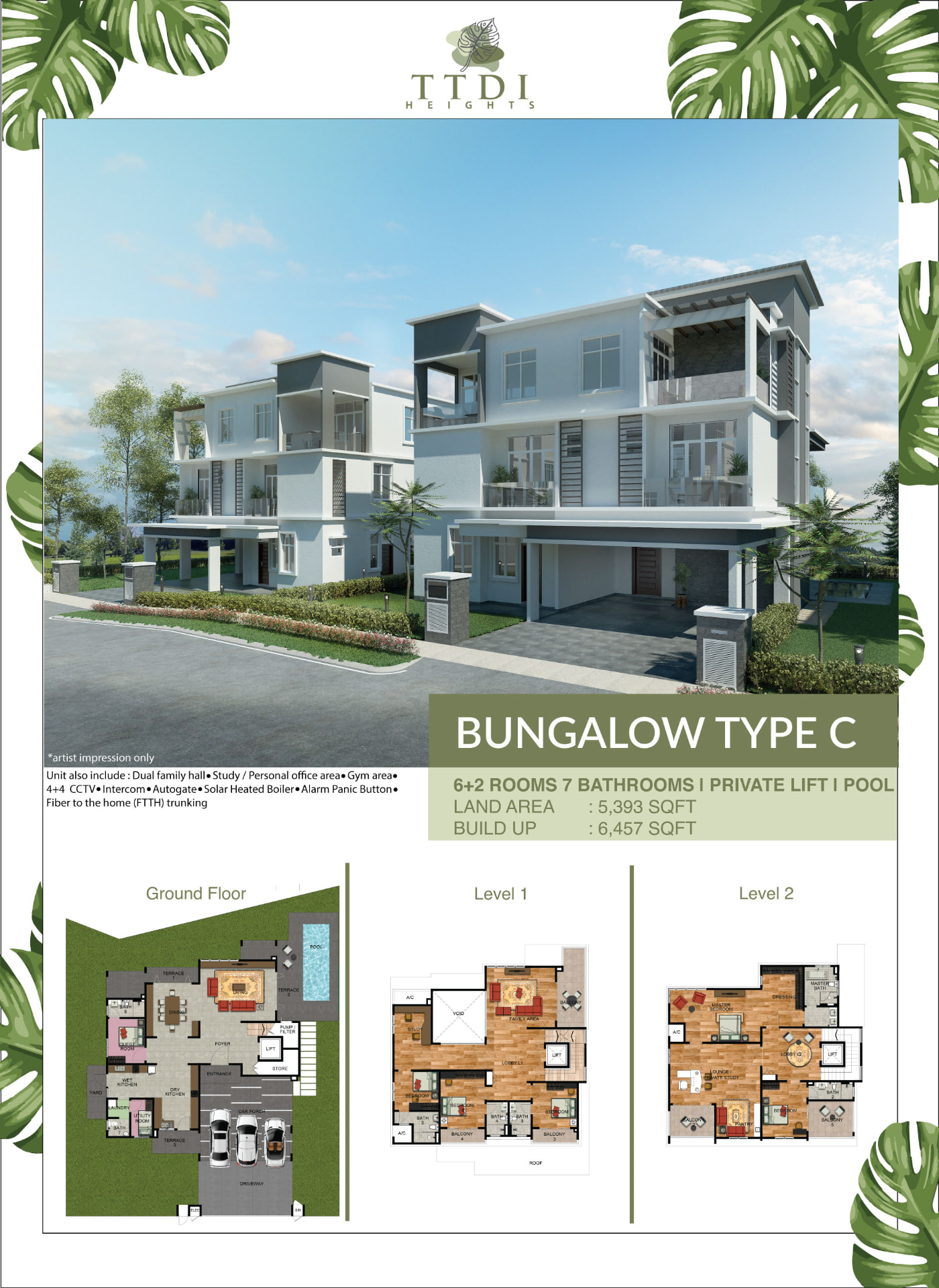 TTDI Heights available Bungalow Type C exterior and three-storey floor plans